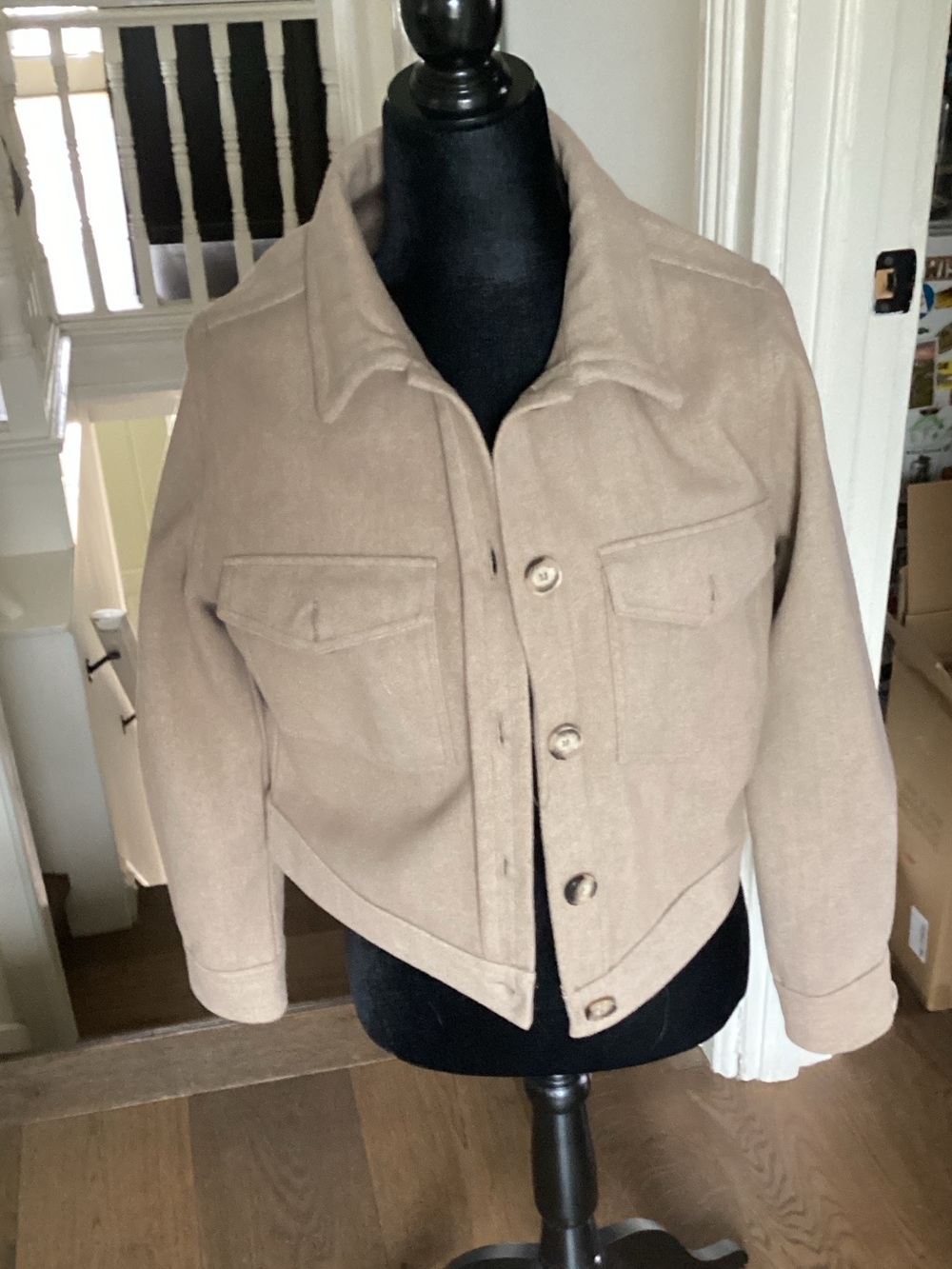 Cropped Taupe Button-Front Blazer Jacket